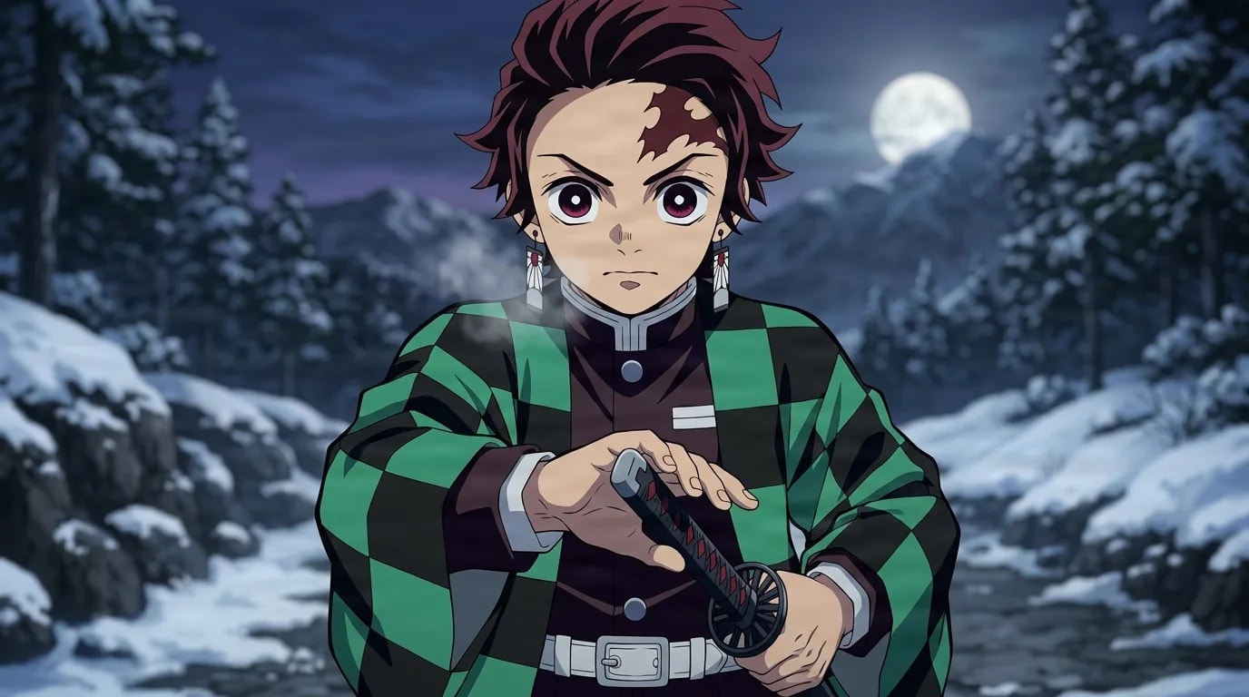Tanjiro Kamado, scarred forehead and checkered green haori, grips a sheathed sword with a determined look on a snowy moonlit mountain path.