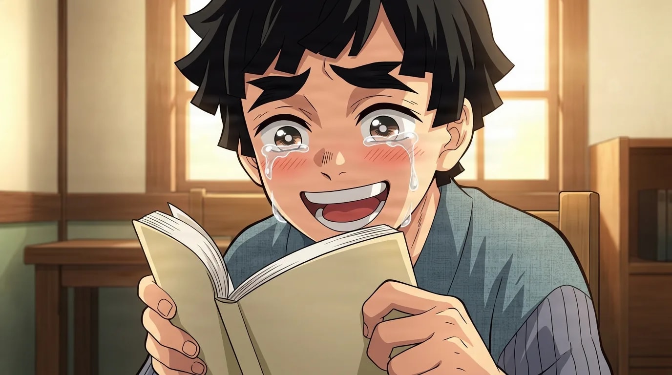 Ragazzo dai capelli neri con folte sopracciglia che piange lacrime di gioia mentre ghigna e legge un libro aperto al chiuso