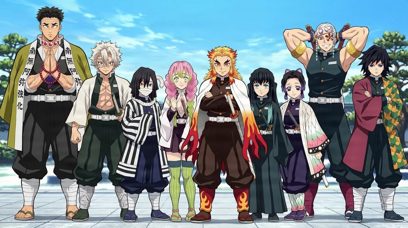 The nine elite Hashira swordsmen and swordswomen of the Demon Slayer Corps stand together in a row in their dark uniforms and colorful haori under a blue sky.