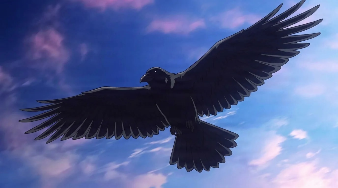 A single large black crow soars with its wings fully spread against a blue sky streaked with soft pink clouds.