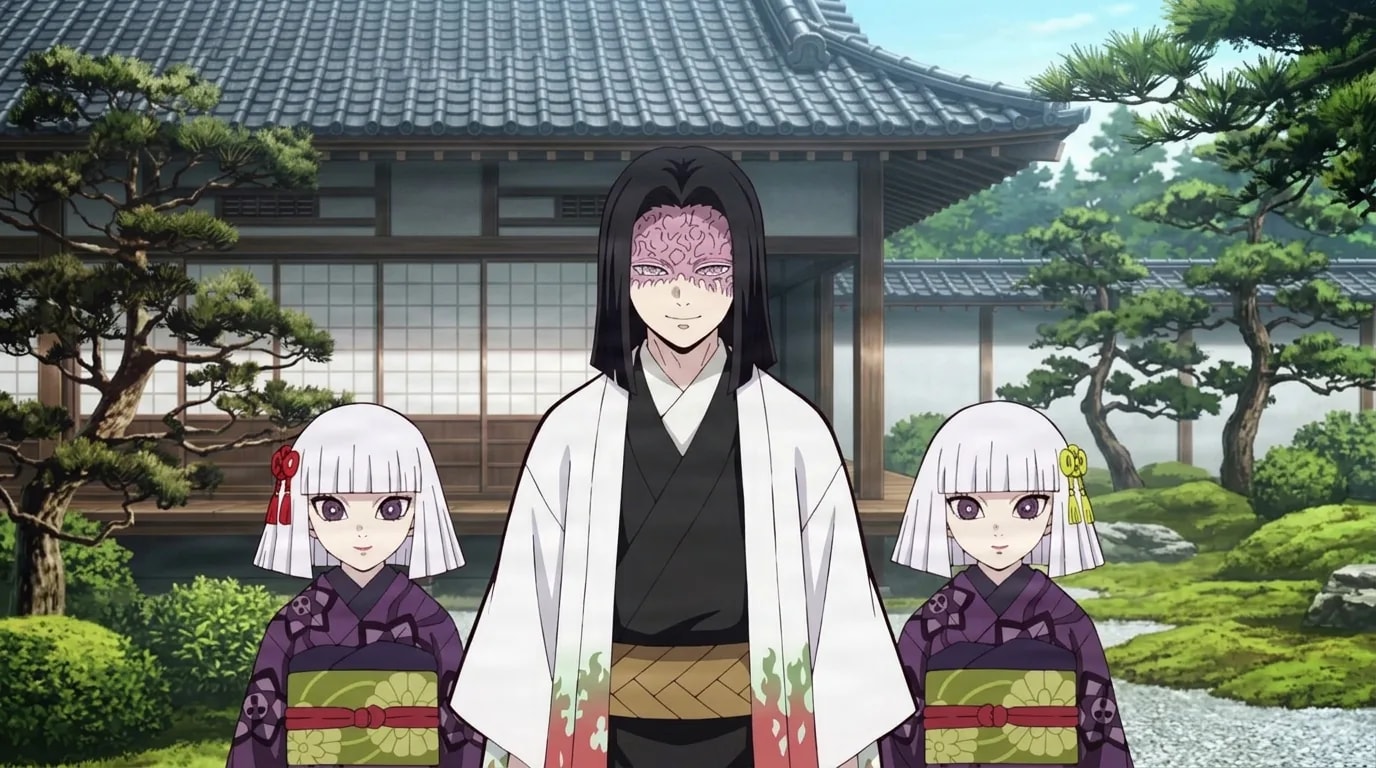 A long-haired patriarch in a white and black kimono with a scarred face stands before a traditional Japanese manor with two young white-haired girls in purple kimono at his sides.