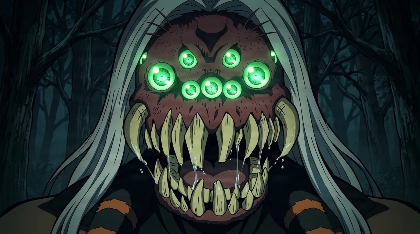 A grotesque spider demon with many glowing green eyes and rows of dripping fangs looms in a dark forest, framed by long pale hair.