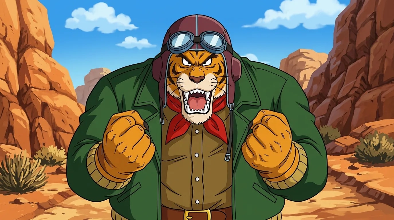 Captain Yellow, a tiger-like Red Ribbon Army officer in a green bomber jacket and aviator cap.