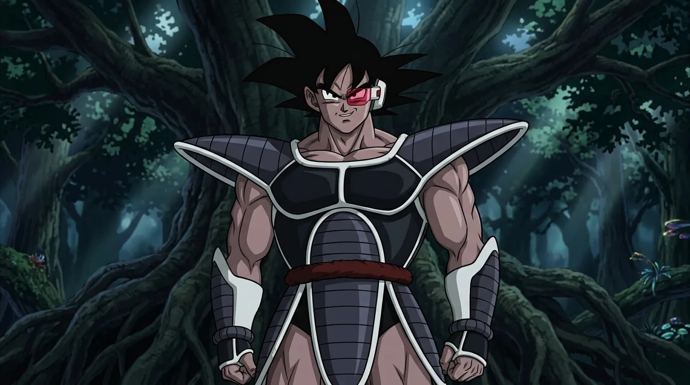 Tules, um Saiyajin maligno parecido com Goku, de pele escura e armadura de batalha Saiyajin.
