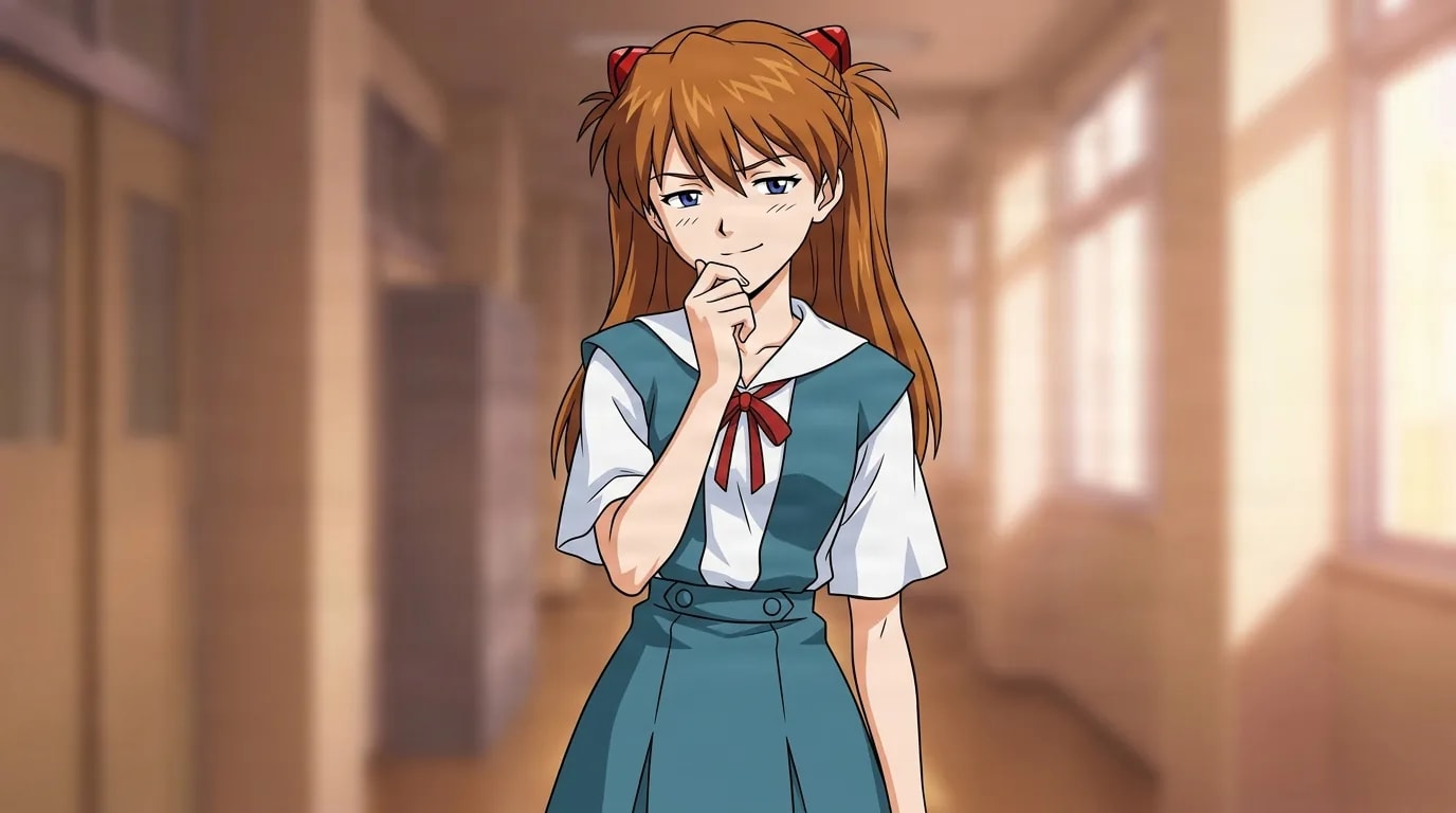 Asuka Langley Sohryu from Evangelion in a close-framed cel-shaded anime scene with a detailed environment