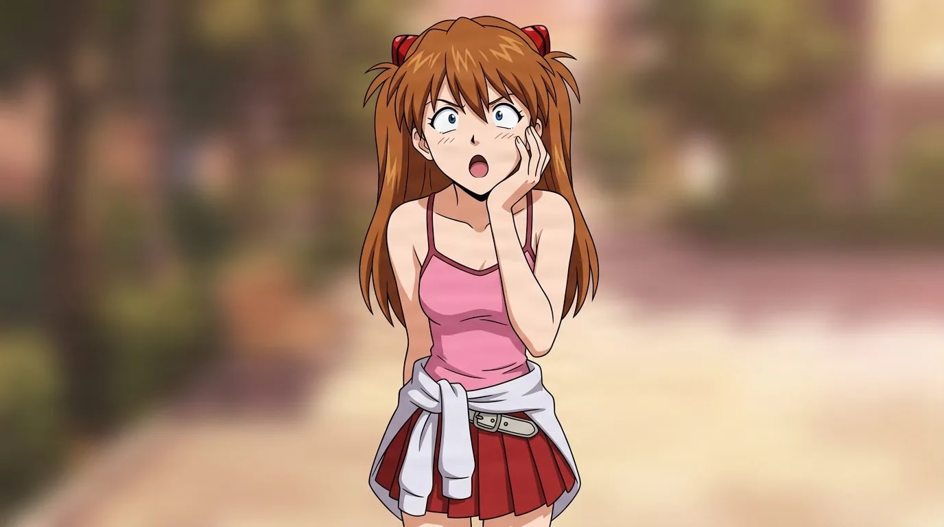Asuka Shikinami Langley from Evangelion in a close-framed cel-shaded anime scene with a detailed environment