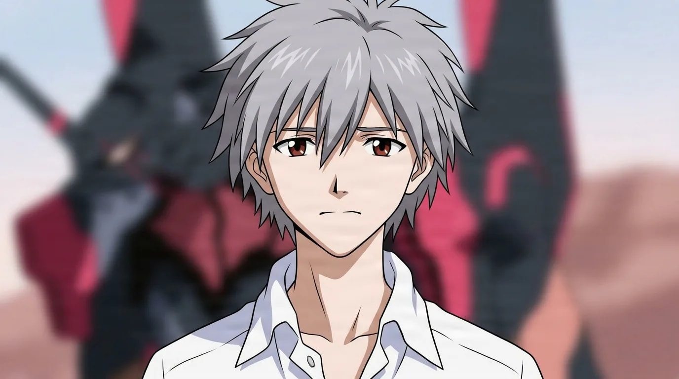 Kaworu Nagisa from Evangelion in a close-framed cel-shaded anime scene with a detailed environment