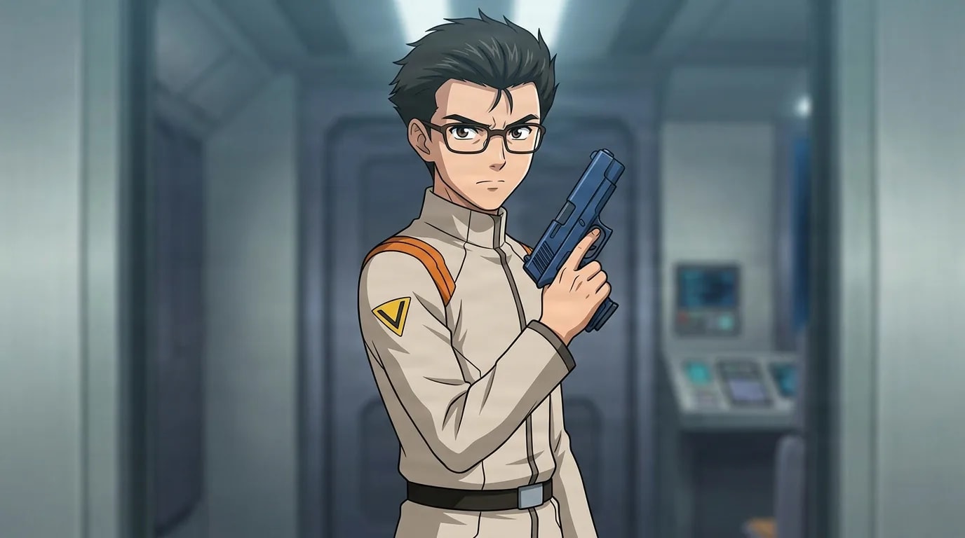 Makoto Hyuga from Evangelion in a close-framed cel-shaded anime scene with a detailed environment