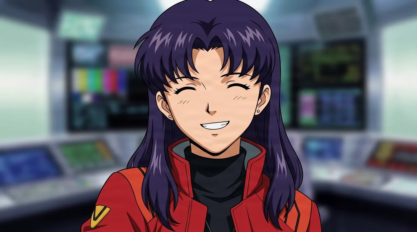 Misato Katsuragi from Evangelion in a close-framed cel-shaded anime scene with a detailed environment