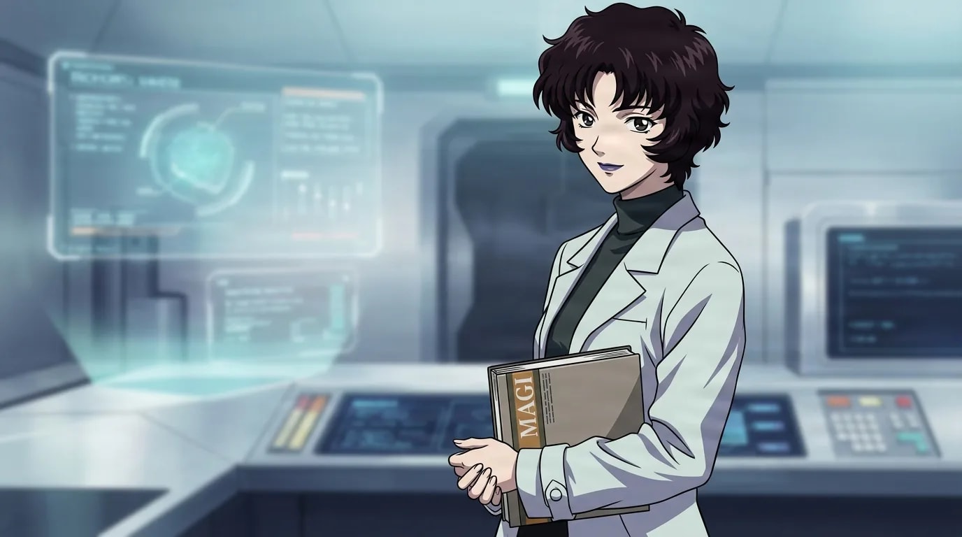 Naoko Akagi from Evangelion in a close-framed cel-shaded anime scene with a detailed environment