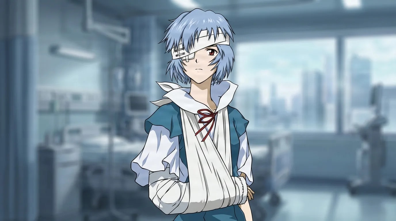 Rei Ayanami from Evangelion in a close-framed cel-shaded anime scene with a detailed environment