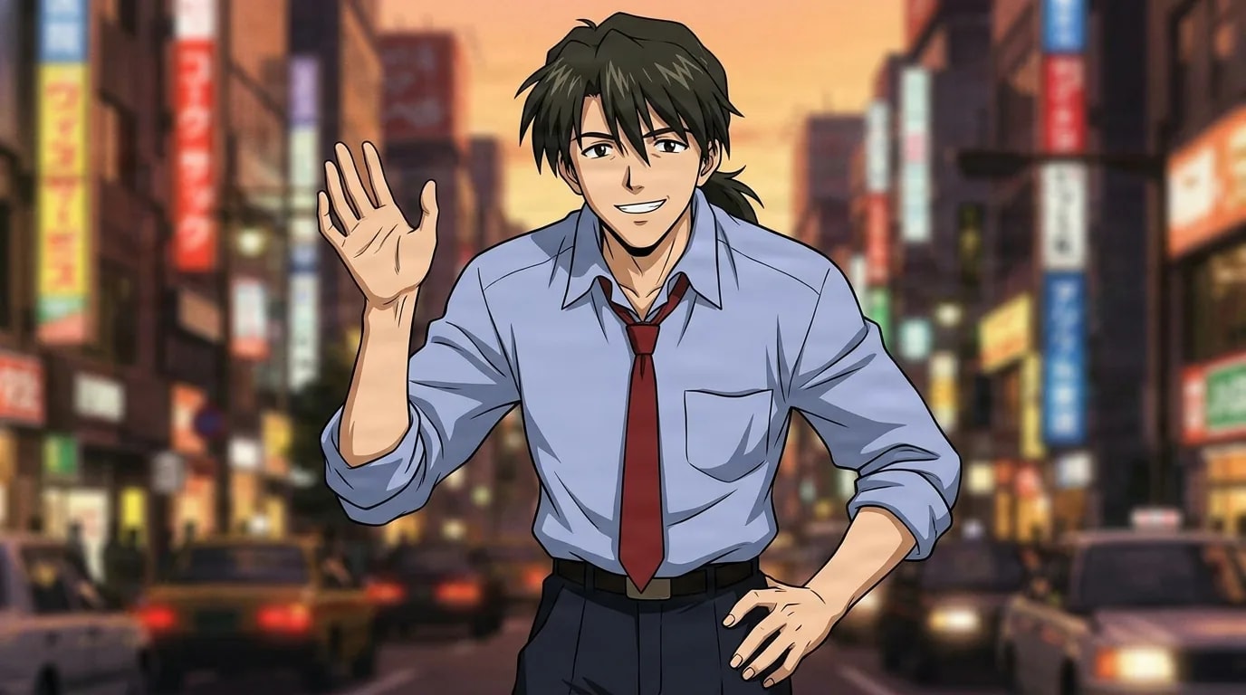 Ryoji Kaji from Evangelion in a close-framed cel-shaded anime scene with a detailed environment