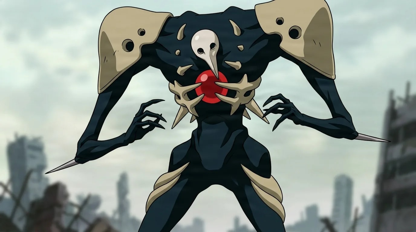 Sachiel from Evangelion in a close-framed cel-shaded anime scene with a detailed environment