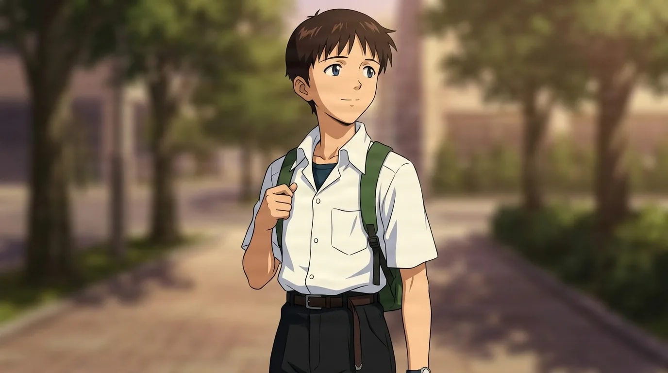 Shinji Ikari from Evangelion in a close-framed cel-shaded anime scene with a detailed environment