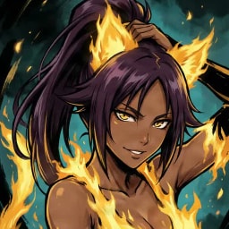 Yoruichi Shihouin from Bleach wreathed in golden flames