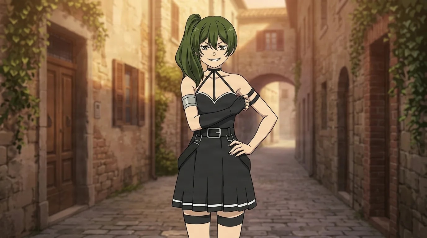 Ubel, a young woman with a green ponytail in a black halter dress and thigh-high socks, rests one hand on her hip with a sly grin in a warm cobblestone town alley.