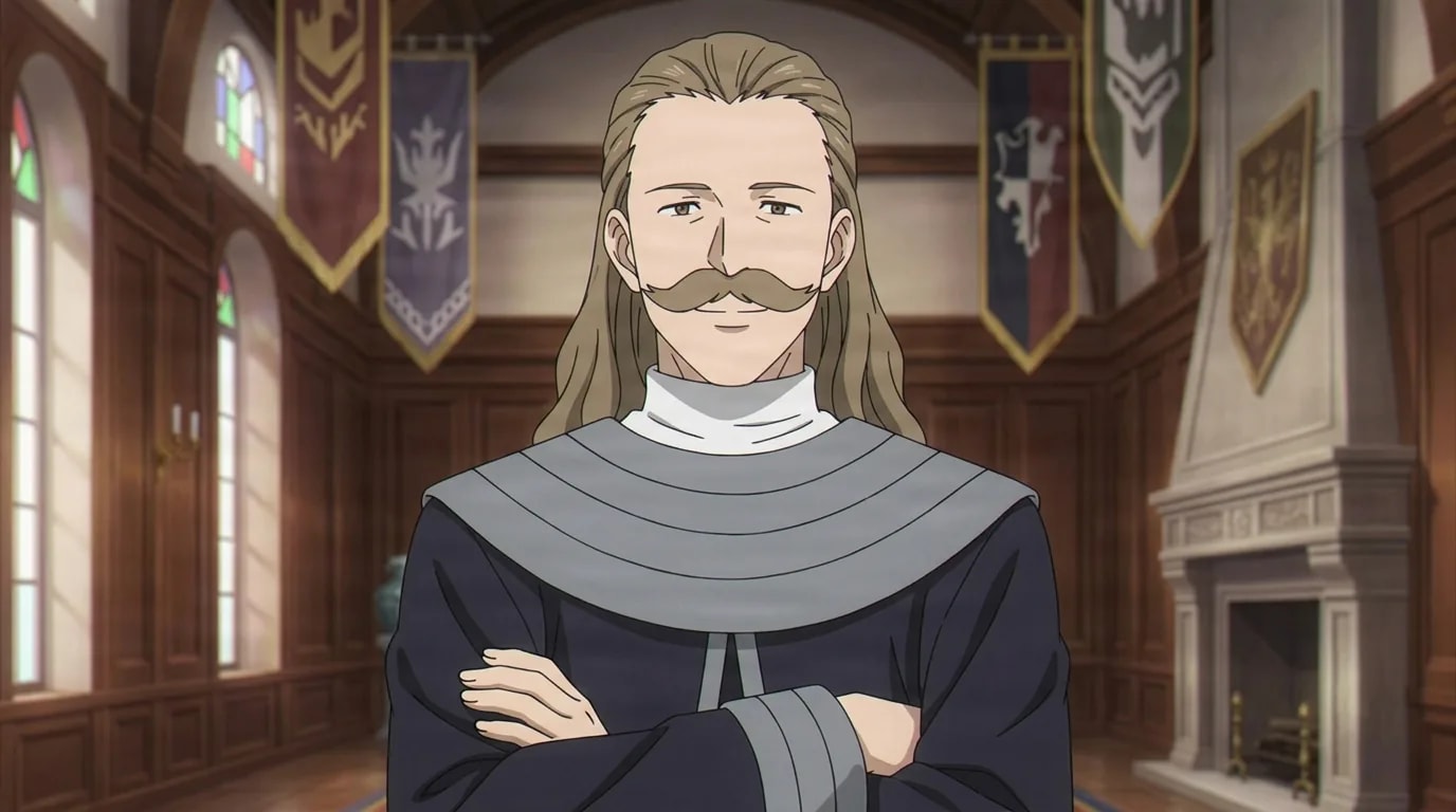 Long haired man with a large curled mustache and a grey shouldered mantle crossing his arms in a hall hung with banners