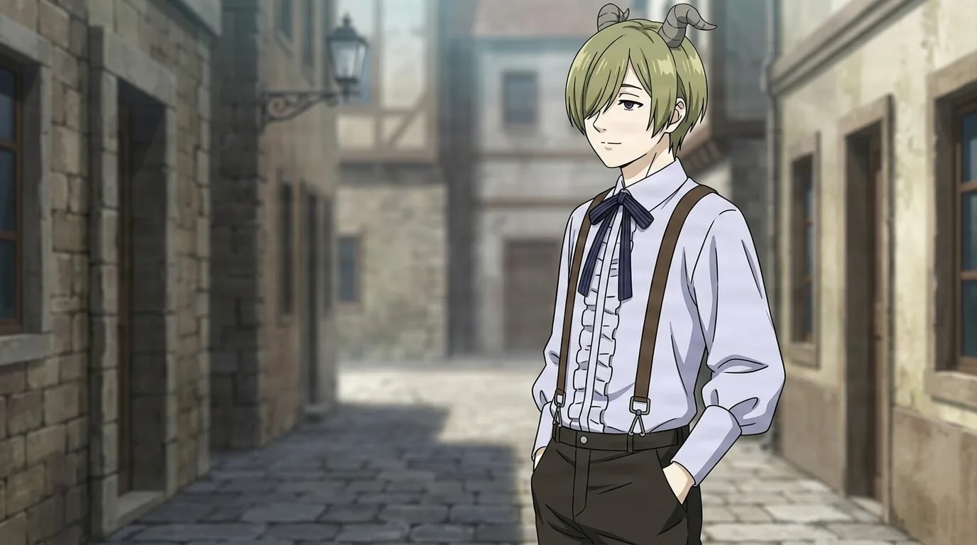 Draht, a young man with light green hair in a ruffled white shirt and brown suspenders, stands relaxed with his hands tucked in his pockets on a sunlit cobblestone street of an old stone town, wearing a faint bored smile.