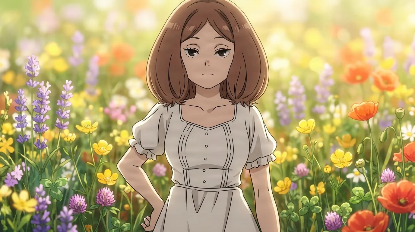 Edel, a young woman with a short brown bob in a white puff-sleeve dress, stands with one hand resting on her hip and a soft neutral expression in a sunlit meadow bursting with colorful wildflowers.