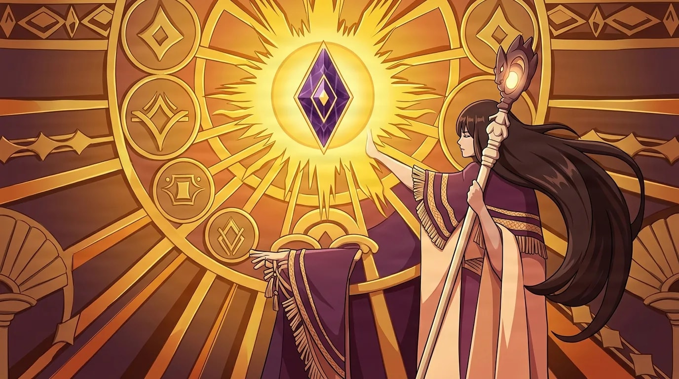 Long haired robed figure holding a staff and reaching toward a glowing purple gem within a radiant golden shrine