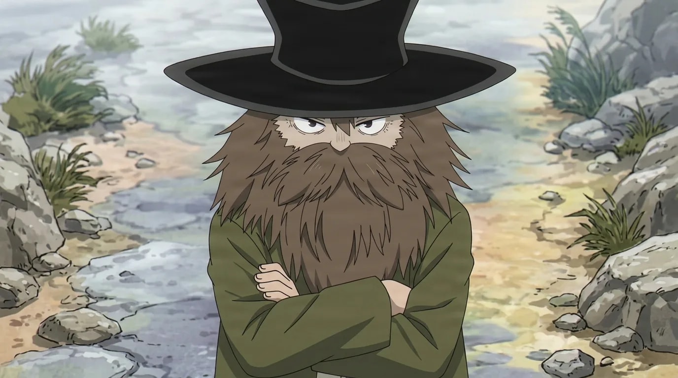 Short figure with a huge bushy brown beard and a black top hat crossing his arms on a rocky riverbank