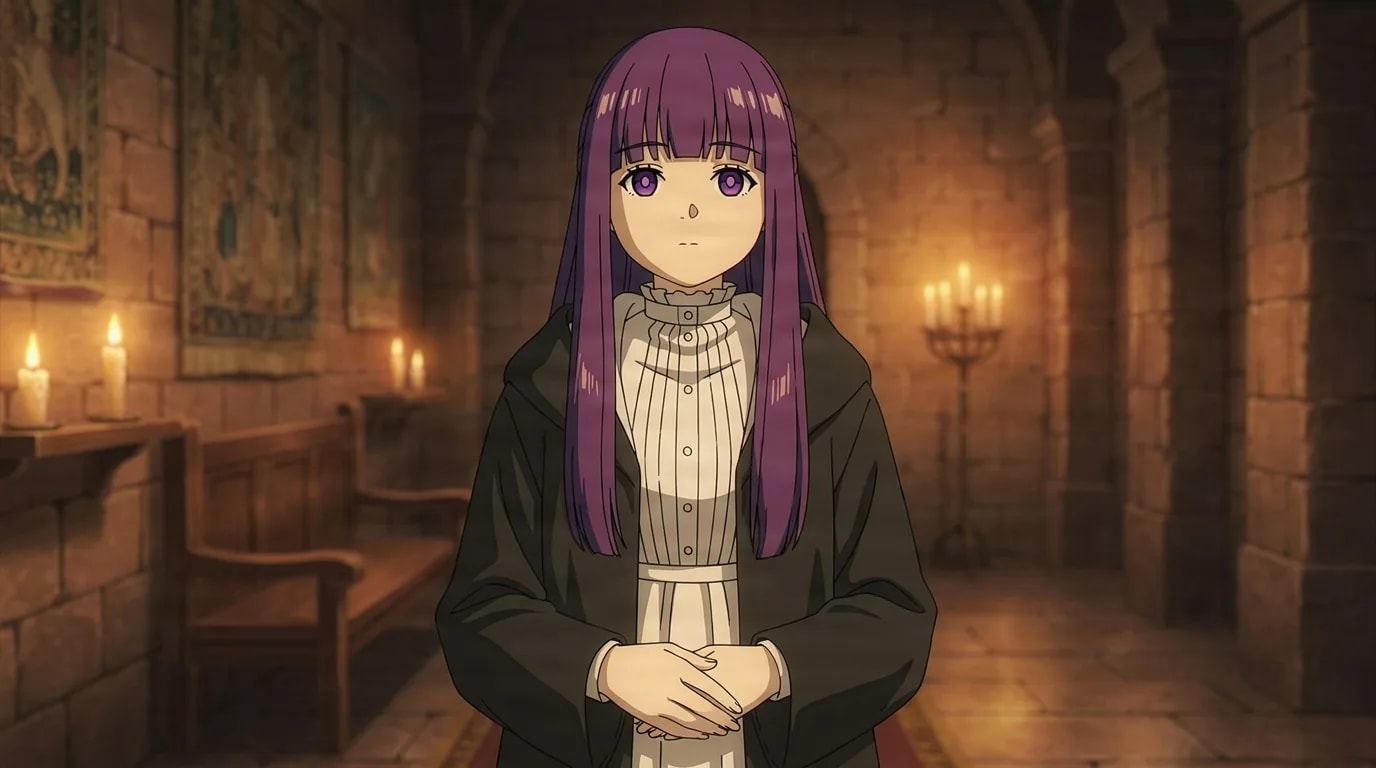 Fern, a young woman with long purple hair in a striped high-collar white dress under a dark robe, stands with her hands clasped in front and a quiet reserved expression in a warm candlelit old stone hall hung with tapestries.