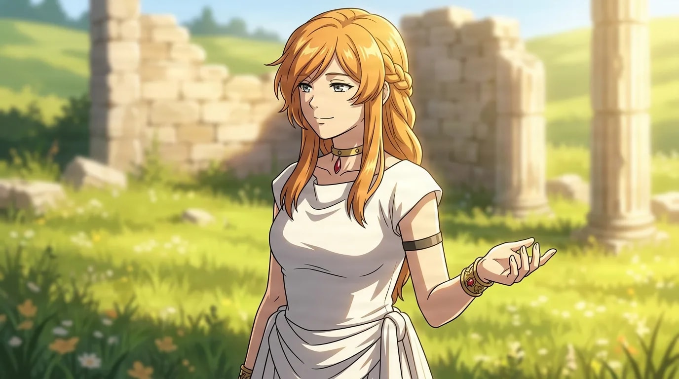 Flamme, eine Frau mit langem orangefarbenem Haar in einem weißen Kleid im Toga-Stil mit einem Choker aus rotem Edelstein und goldenen Armreifen, steht anmutig mit einer ausgestreckten Hand und einem heiteren, wissenden Lächeln auf einer sonnenbeschienenen Wiese neben verfallenden alten Steinruinen.
