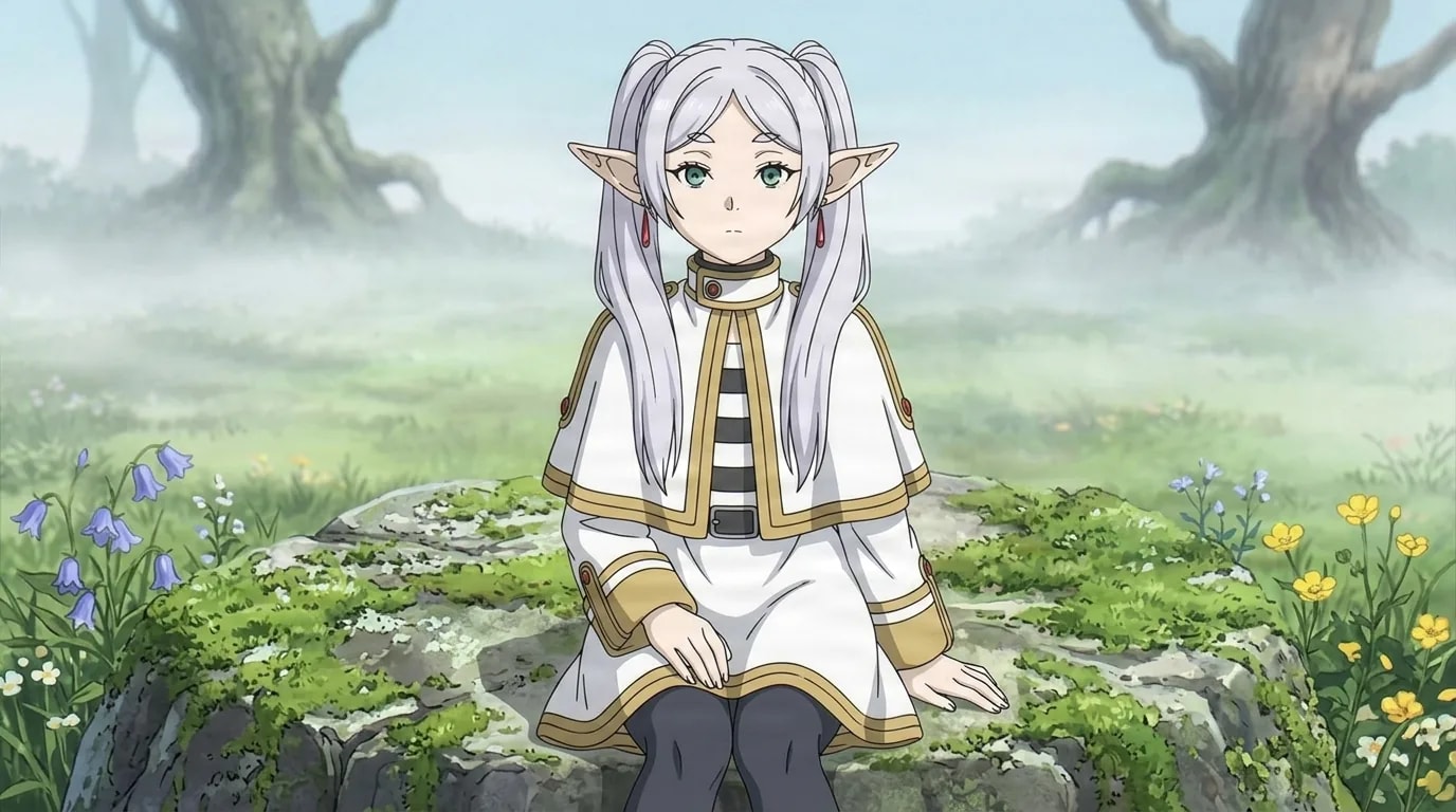 Frieren seated on a mossy stone in a misty flower meadow, hands resting in her lap, calm green eyes on the viewer, ancient trees fading into the fog behind her