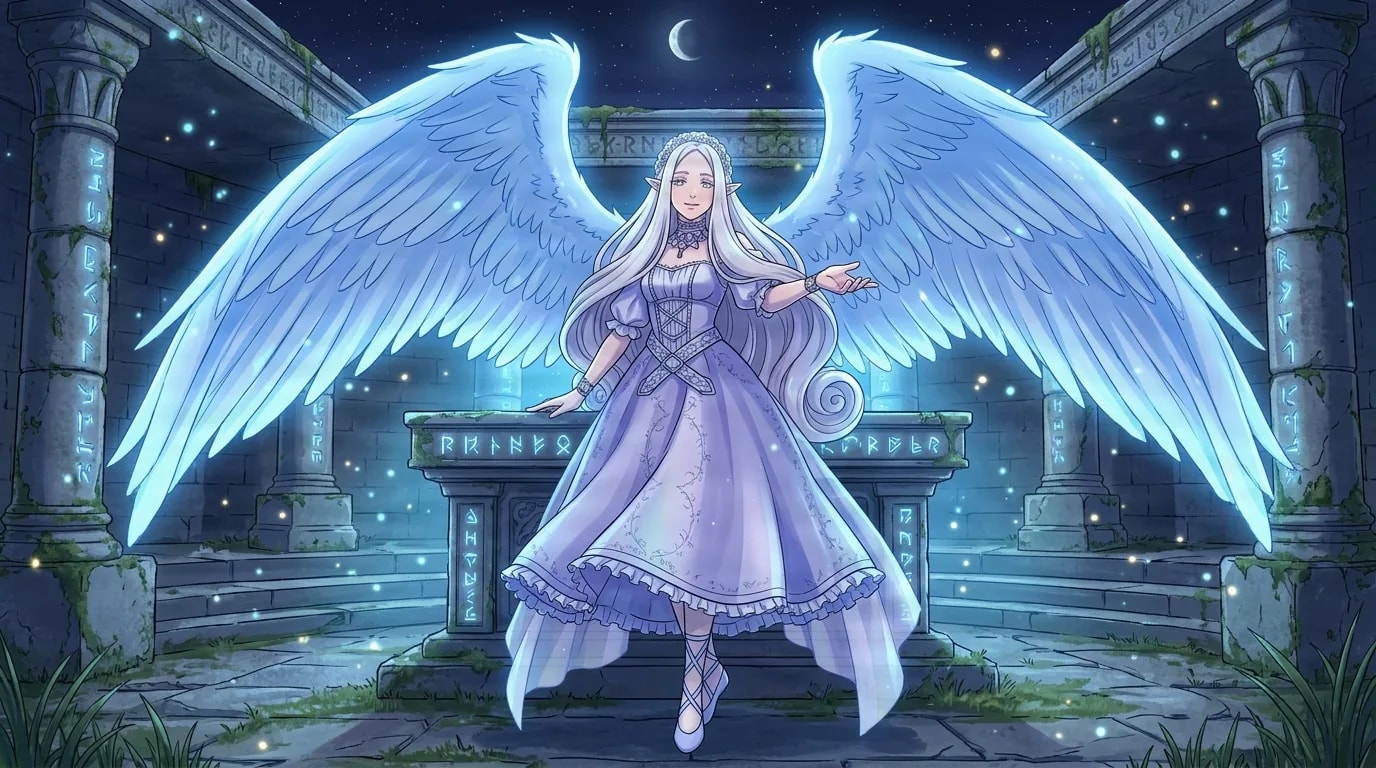 Goddess of Creation em pé diante de um altar de pedra esculpido com runas à noite, as asas bem abertas e um vestido lavanda-claro fluindo ao seu redor.