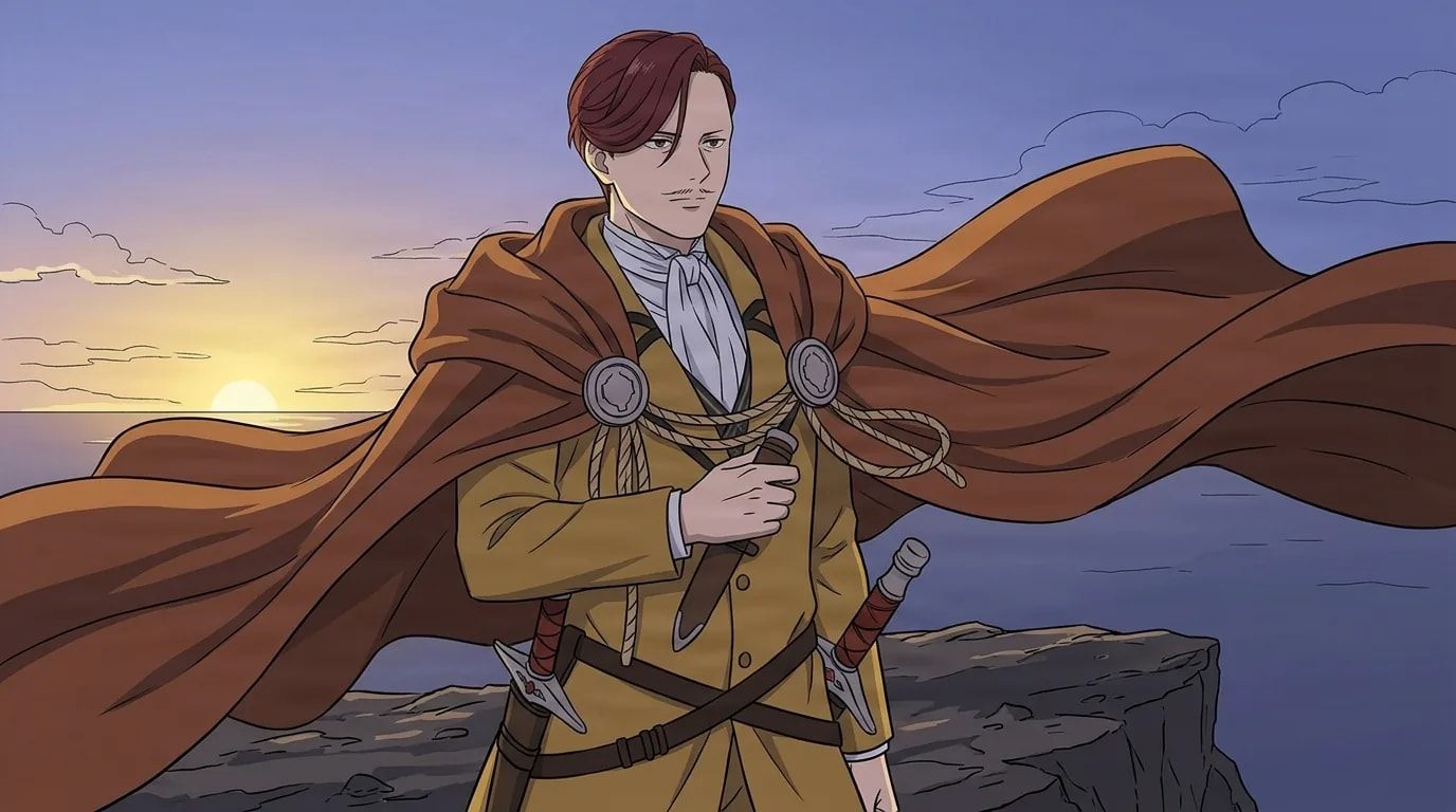 Red-haired man in a tan coat and brown cape grips a dagger at his chest atop a sea cliff as the sun sets over the water.