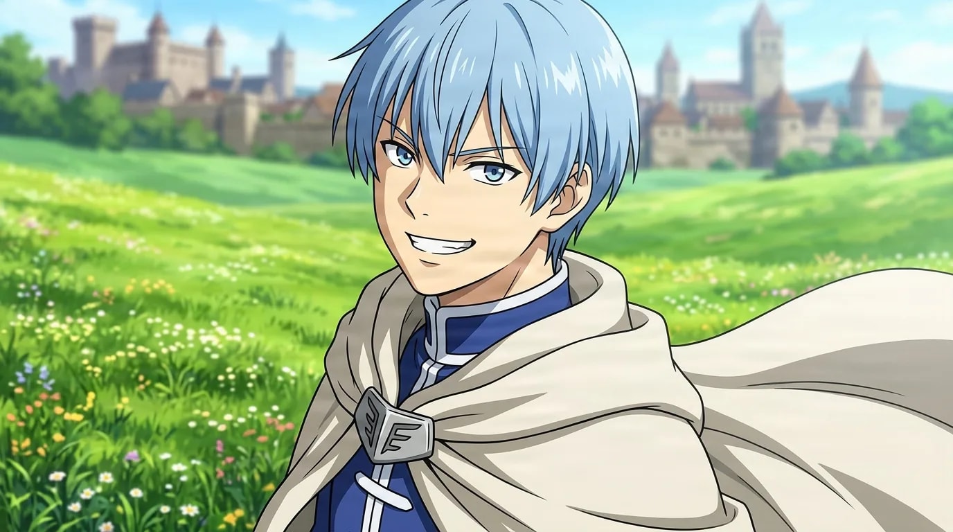 A blue haired young hero in a pale cloak grins confidently over his shoulder, standing in a sunlit flowering meadow with a distant stone castle town behind him.