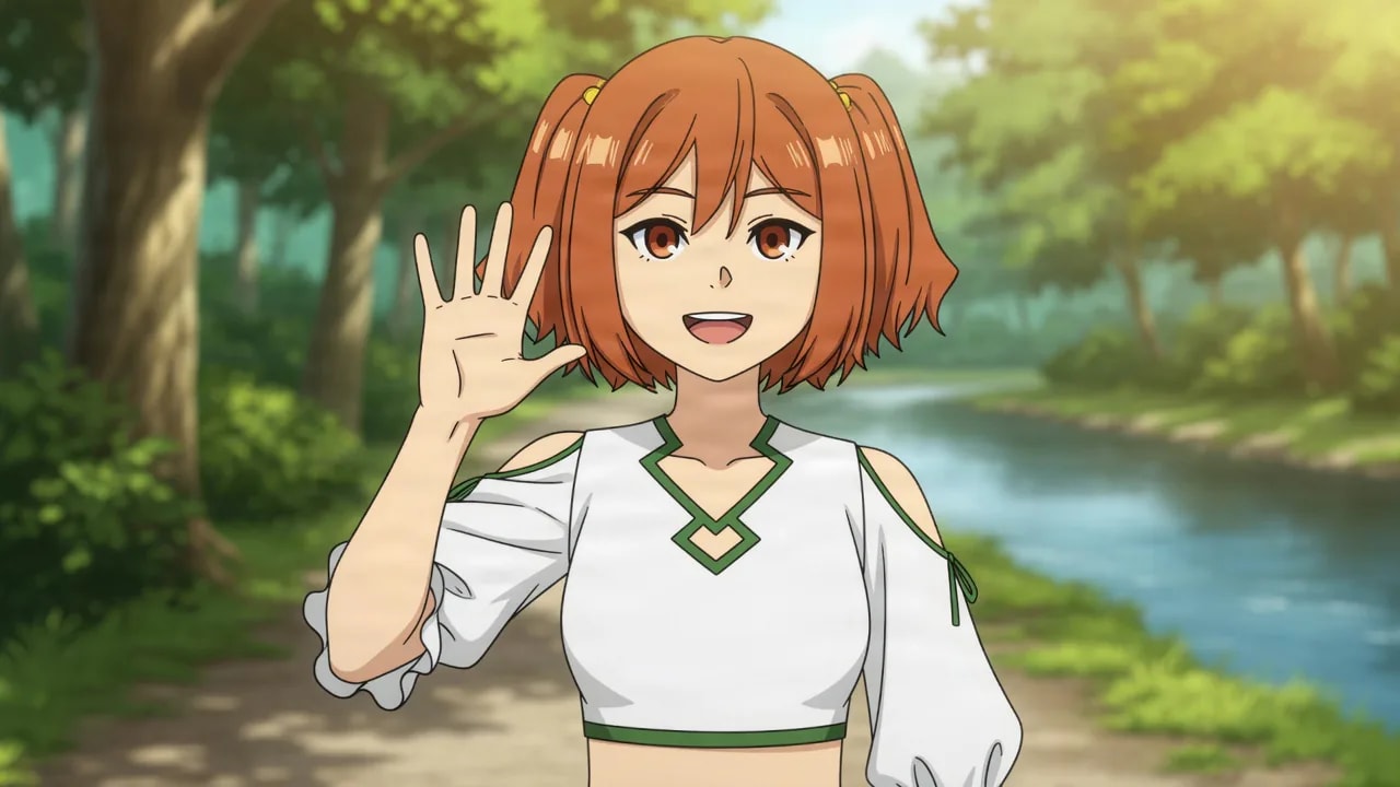 An orange haired girl with short twin tails and a white green trimmed crop top waves cheerfully with a bright smile on a sunlit forest path beside a calm river.
