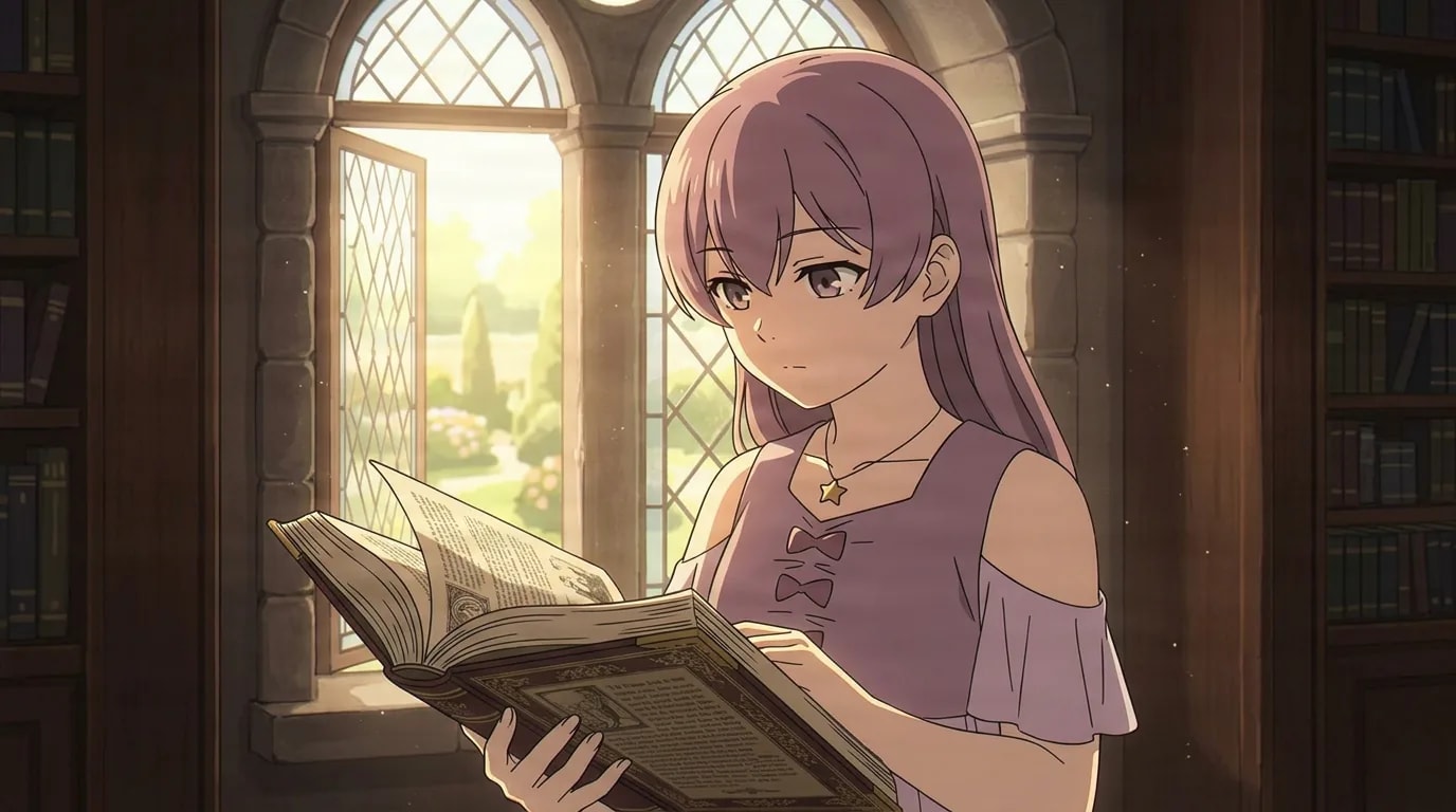 Long-haired girl in a lavender off-shoulder dress reads an open book beside a sunlit arched window overlooking a garden in a library.