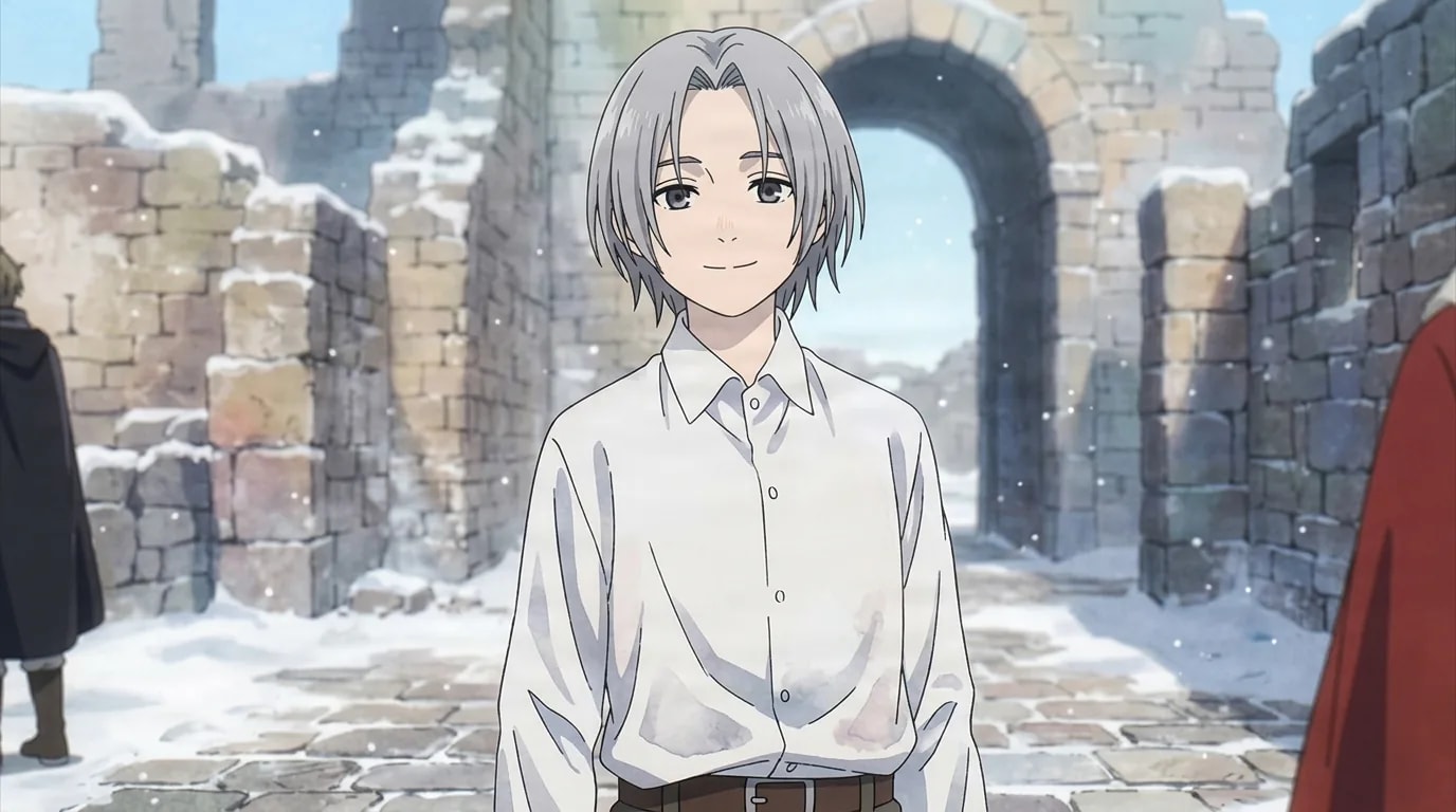 A young anime character with short silvery gray hair and a gentle smile, wearing a loose white button up shirt, standing in a snow covered ruined stone courtyard with a broken archway behind.