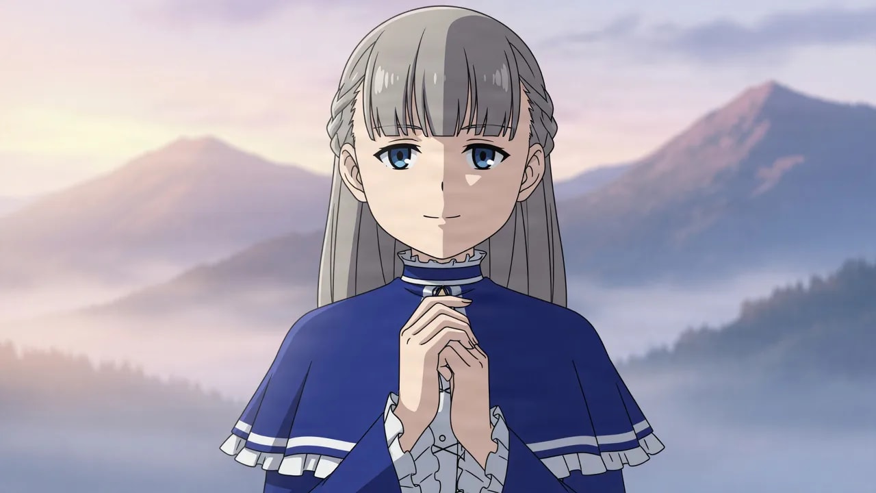 A long silver haired young woman in a blue caped dress with white frills clasps her hands gently near her chest with a soft smile, standing before misty mountains at dawn.