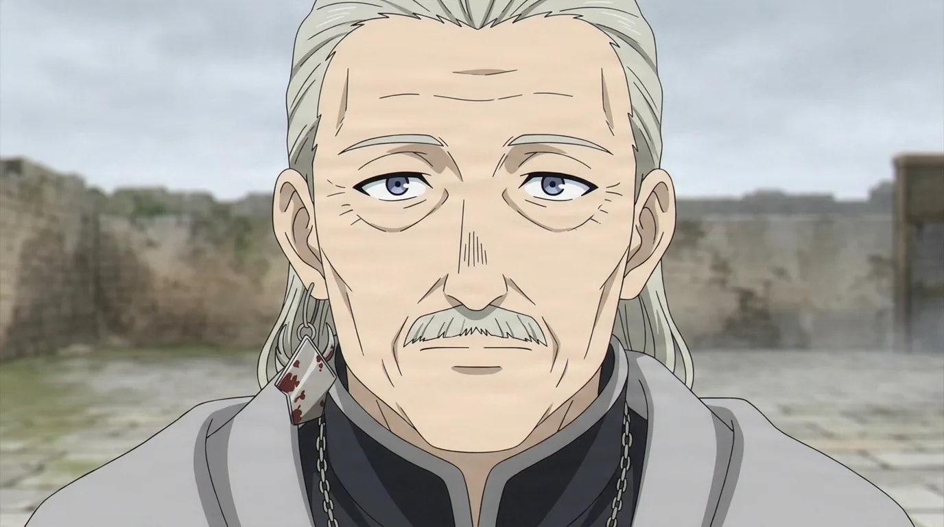 An elderly white haired anime man with a bushy mustache and calm blue eyes, wearing a high collared gray and white robe with a small pendant, standing before weathered stone ruins under an overcast sky.