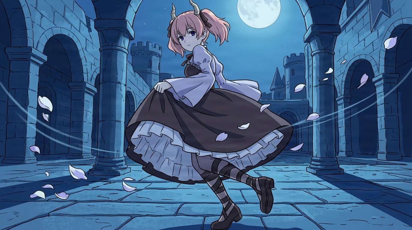 Pink-haired horned girl in a ruffled dress and striped stockings lifts her skirt mid-step in a moonlit castle courtyard as pale petals drift by.