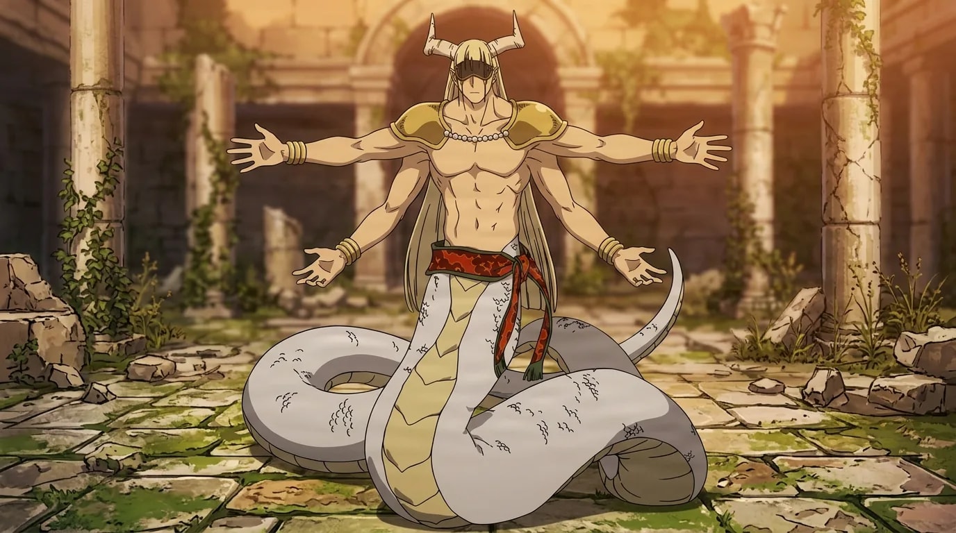 Revolte, un demone cornuto dal corpo di serpente con il torso nudo e spallacci dorati, allarga entrambe le braccia mentre la sua lunga coda avvolta poggia sulle lastre di pietra crepate del cortile di un tempio in rovina.