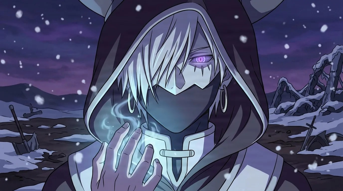 Figura incappucciata dai capelli argentei e un occhio viola luminoso evoca fili di magia sopra una mano tesa su un campo di battaglia innevato al crepuscolo.