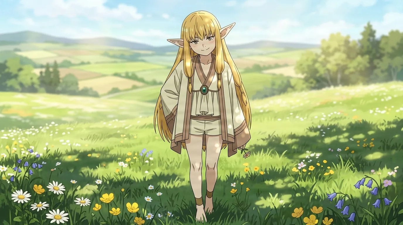 Serie, a barefoot blonde elf with pointed ears in a white robe and green pendant, smiles softly while standing in a sunlit meadow full of wildflowers.