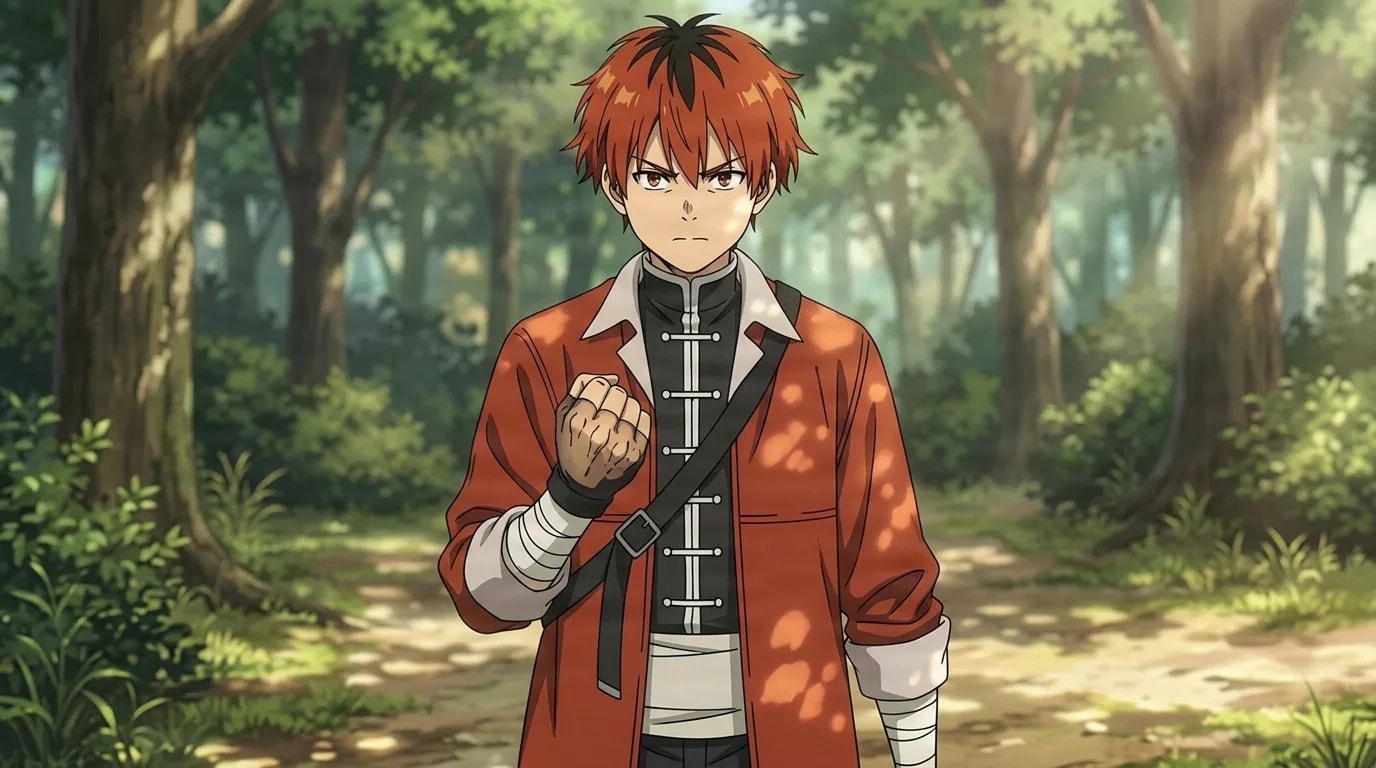 Stark, a red-haired young man in a red jacket over a black button shirt with a bandaged forearm, clenches his fist with a determined look in a sunlit forest clearing.