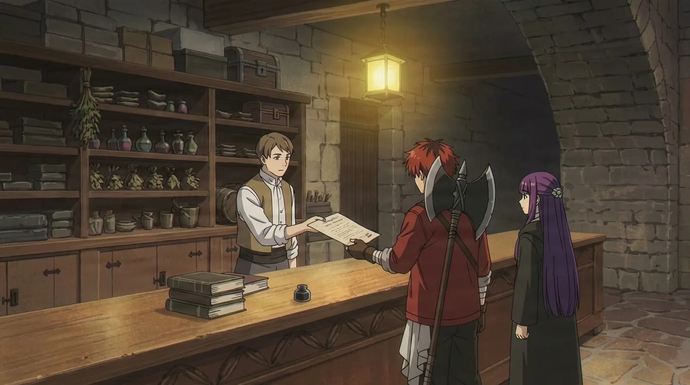 A vested clerk hands a document across a wooden counter to a red-haired axe warrior and a purple-haired mage inside a stone-walled guild hall lit by a hanging lantern.