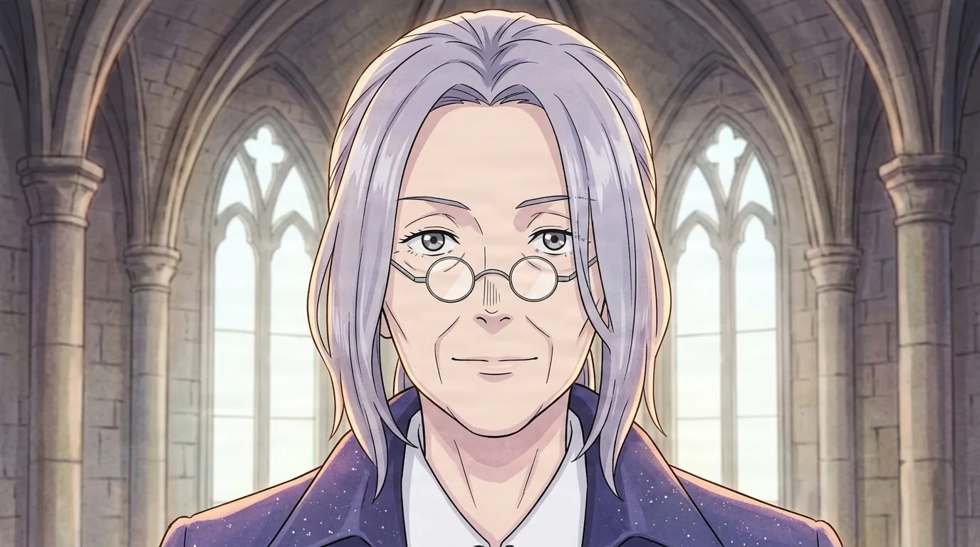 Ein silberhaariger Magier mit runder Brille und einem tiefvioletten Mantel steht nach vorn gewandt in einer hohen gotischen Steinhalle, hinter ihm gewölbte Kathedralenfenster.