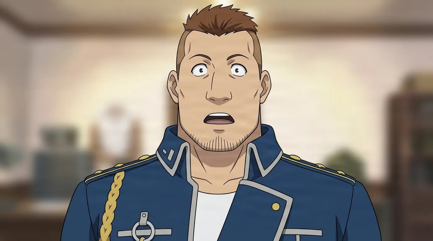 Heymans Breda from Fullmetal Alchemist in a close-framed cel-shaded anime scene with a detailed environment
