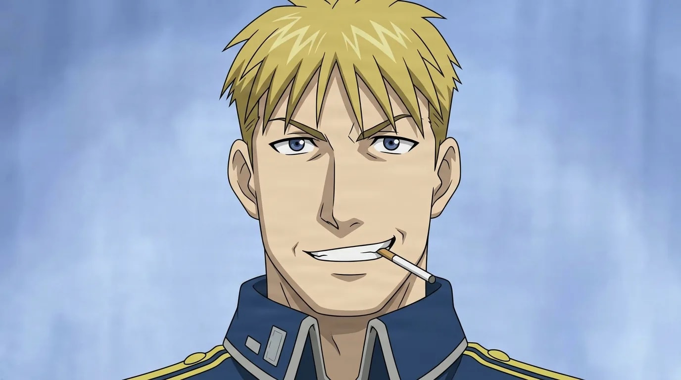 Jean Havoc from Fullmetal Alchemist in a close-framed cel-shaded anime scene with a detailed environment