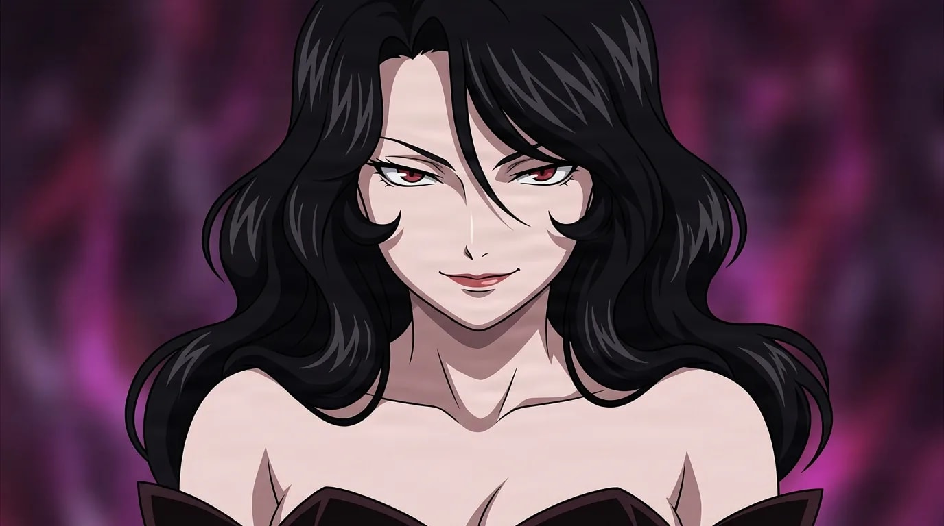 Lust from Fullmetal Alchemist in a close-framed cel-shaded anime scene with a detailed environment