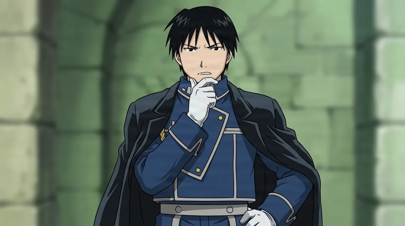 Roy Mustang from Fullmetal Alchemist in a close-framed cel-shaded anime scene with a detailed environment