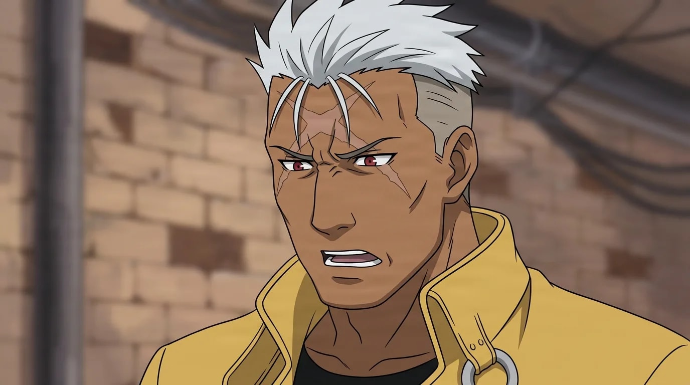 Scar from Fullmetal Alchemist in a close-framed cel-shaded anime scene with a detailed environment