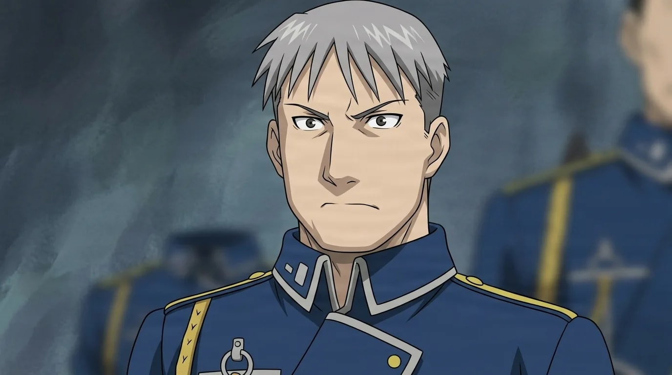 Vato Falman from Fullmetal Alchemist in a close-framed cel-shaded anime scene with a detailed environment
