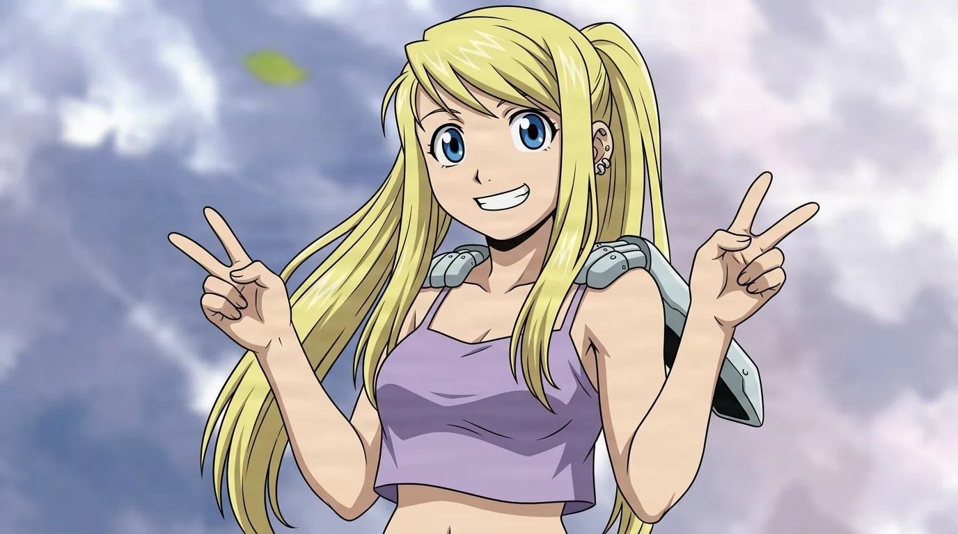 Winry Rockbell from Fullmetal Alchemist in a close-framed cel-shaded anime scene with a detailed environment